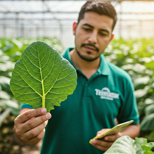 Agrónomo de Terramar examinando una hoja sana en campo
